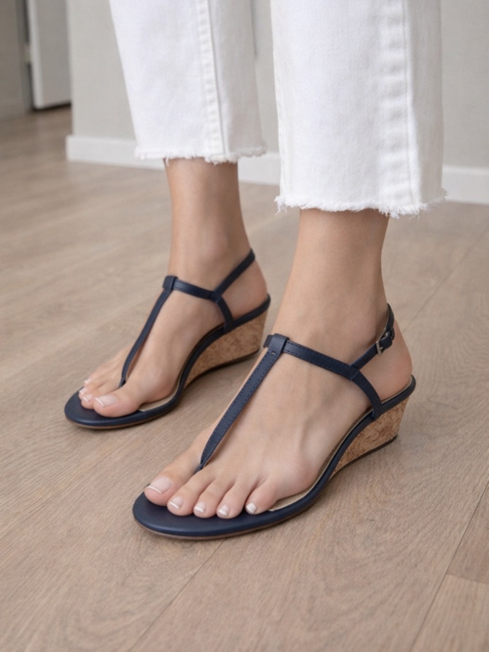 Brooks Brothers Navy Leather T-Strap Cork Wedge Sandals Women’s Size 9.5